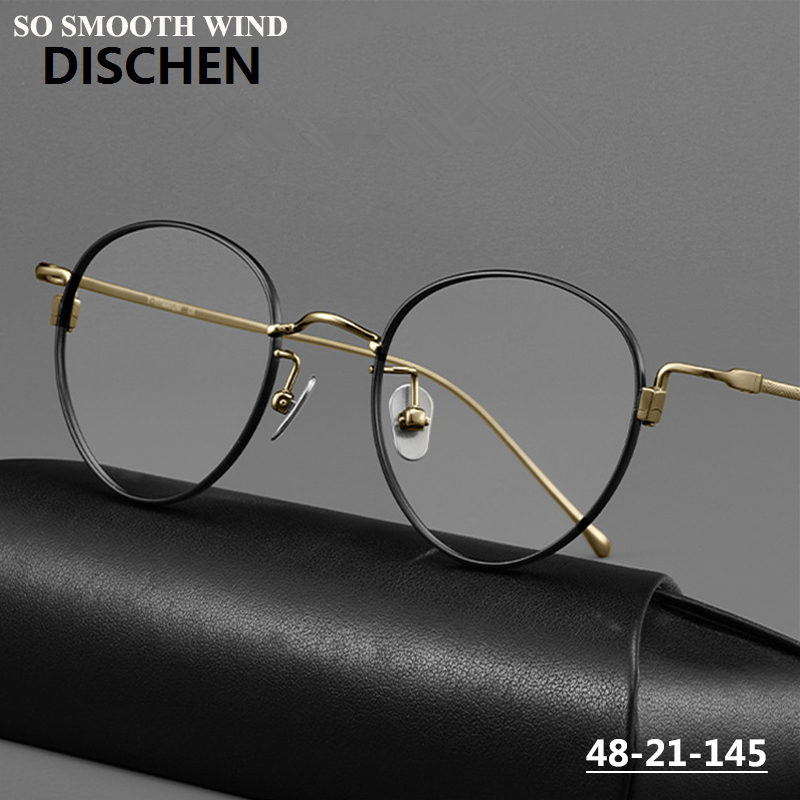 DISCHEN New style Japanese Ultralight Pure Titanium Glasses Frame Retro Men Women Round Spectacle Deaigner Frames Blue Eyeglasses Handmade Eyewear