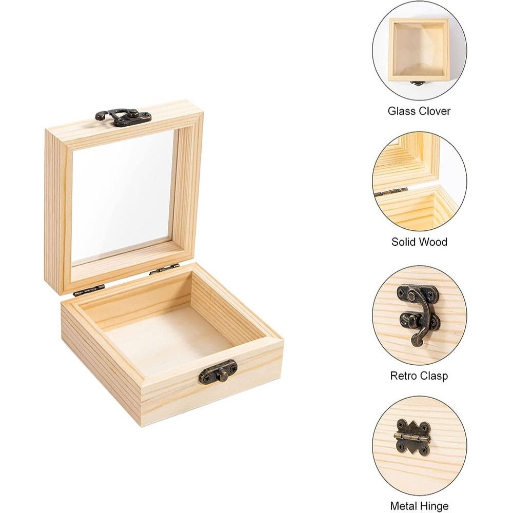 1/3pcs Reusable Wooden/Glass Gift Wrapping Wooden Box Natural Colour 3.5'' X 3.5'' X 1.8'' Visual Storage Wooden Box Wooden Household Storage Box Bedroom