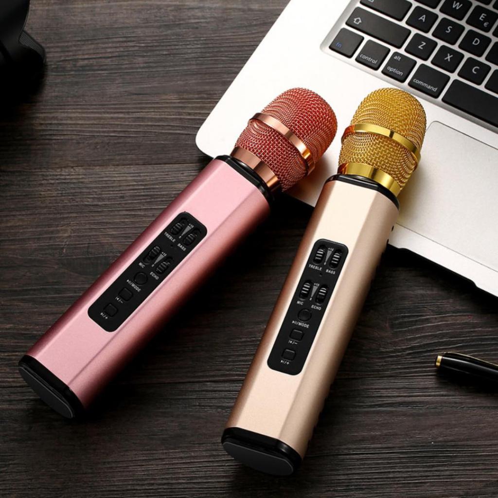 Karaoke Mic With Speaker K6 Bluetooth Portable Wireless Microphone 2 Speakers 4 Controls Memory Card Slots