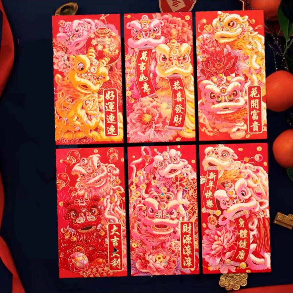 6pcs Creative Hot Stamping Chinese New Year Red Envelope Rectangular Mixed Pattern Money Bag Solid Thickened HongBao 2025