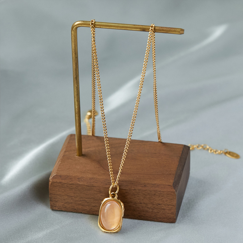【New arrival】French Square Arc Oval Hibiscus Stone Roman Metal Necklace Clavicle Chain Women's Titanium Steel Plated 18K Gold Color