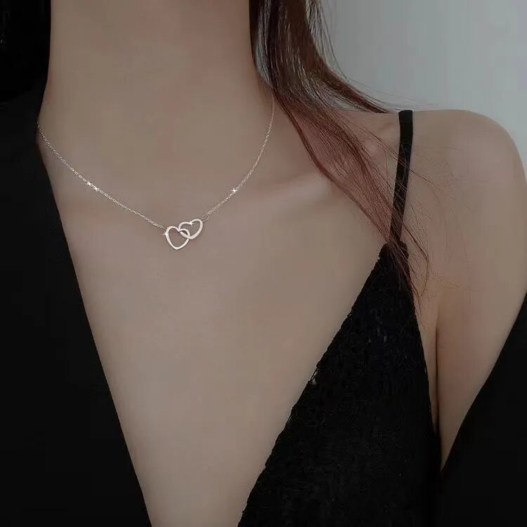 【New Arrivals】18K Gold Simple Double Heart Pendant Necklace Women's Stainless Steel Heart to Heart Double Ring Clavicle Chain All-match Color-proof