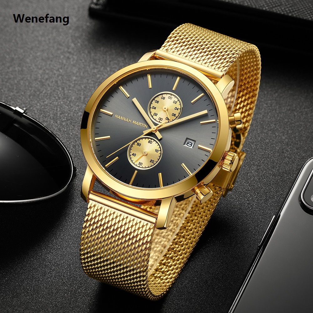 Wenefang Hannah Martin Men Quartz Watch 44.5mm Large Dial Original Multi functional Portable Movement Timing Sport Stainless Steel Gift Wristwatch