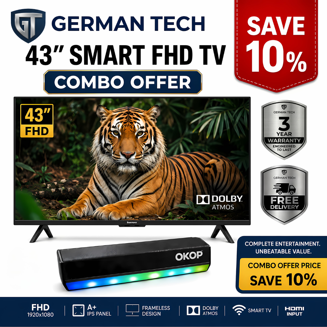 German Tech Combo: 43 Inch Smart TV (GT43S109FHD)+ OKOP 20W Bluetooth PC TV Soundbar Special Offer | Latest Android 14 | A+ Grade IPS Panel German Technology | Bezel-less Frameless Design | 24W Monster Sound - HD 1366x768 | 3 Years Warranty | Home Theater
