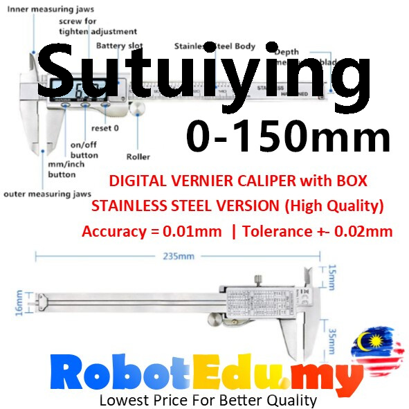 Sutuiying 150mm 6 inch / 200mm 8 inch LCD Digital Electronic Vernier Caliper Ruler Depth Length Inner Outer Diameter Measurement Gauge - High Accuracy Quality Stainless Steel / ABS Plastic