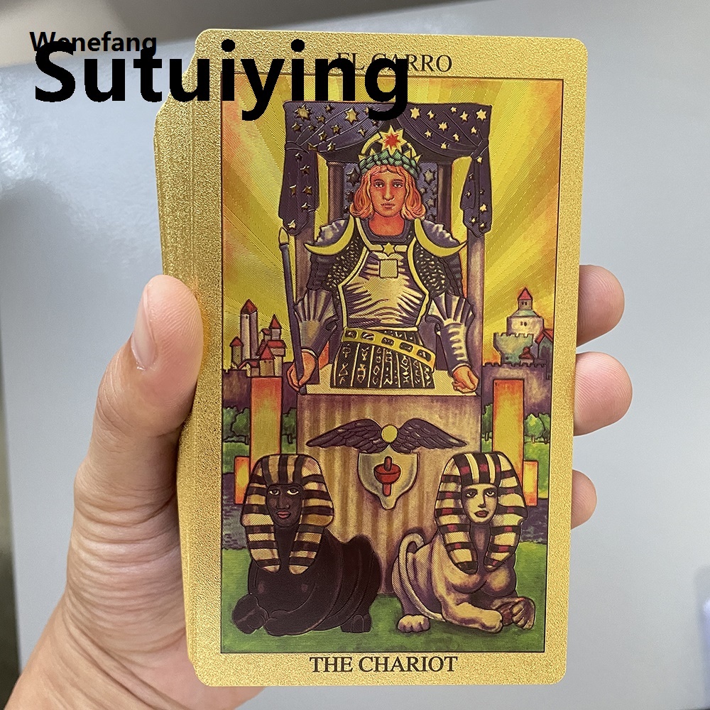 Wenefang Sutuiying Spanish Golden Foil in Box Tarot Deck Prophecy Cards Hot Selling for 2025 Beginners with 2-Languages Guidebook 12x7cm Toro Taro