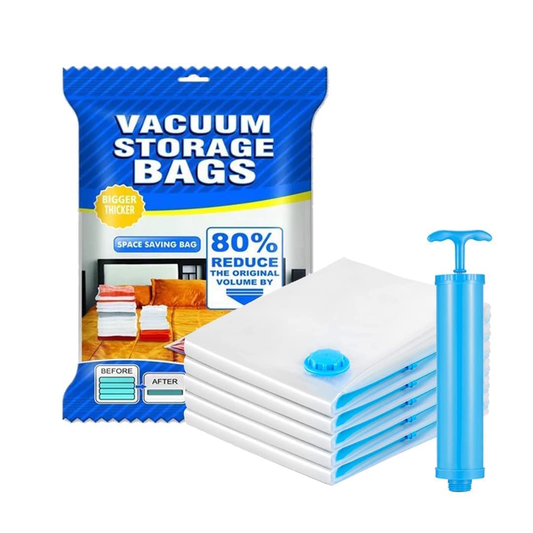 Pack of 5 Reusable Vacuum Storage Bags with Hand Pump - Space Saver for Travel and Home Use (2 Small + 2 Medium + 1 Large)