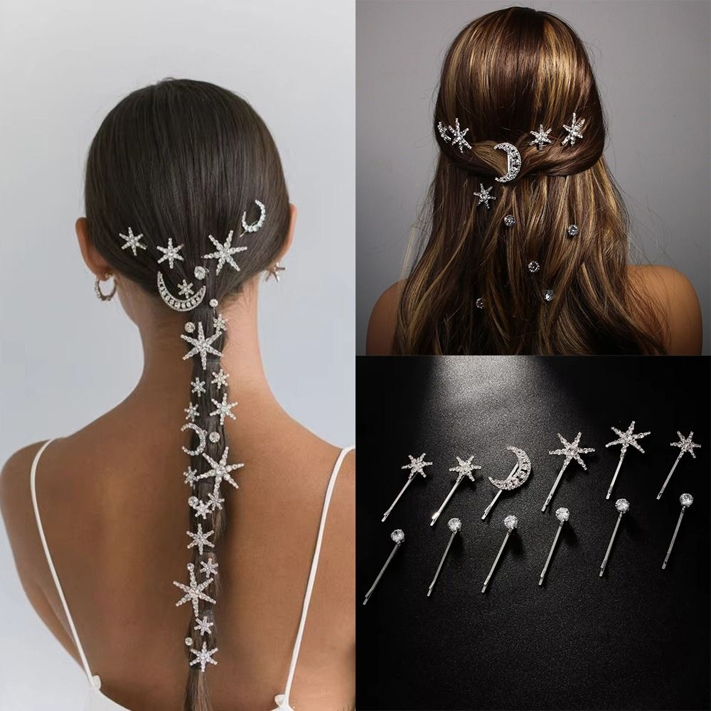 New Moon Stars Star Moon Hair Clips Set Luxury Elegant Shining Sparkling Shiny Starry Barrettes Set Silver Gold Crystal Rhinestone Hairpin Wedding Hair Accessories