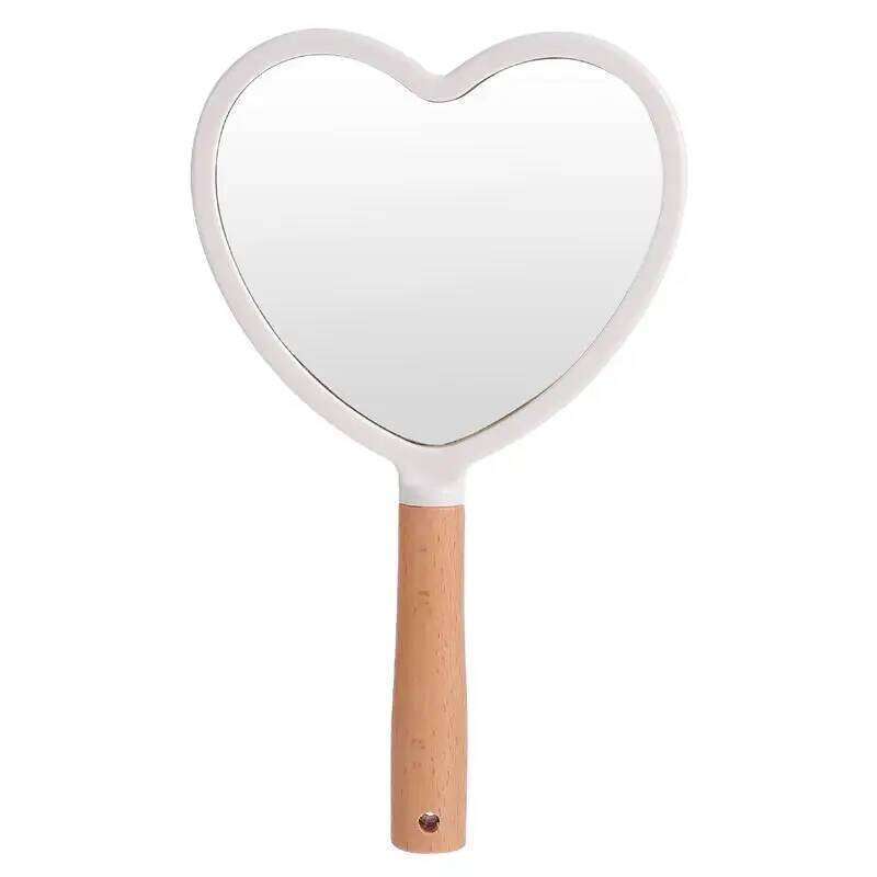 1pc Wooden Handle Handheld Heart Fan Shape Round Square Salon Makeup Mirror