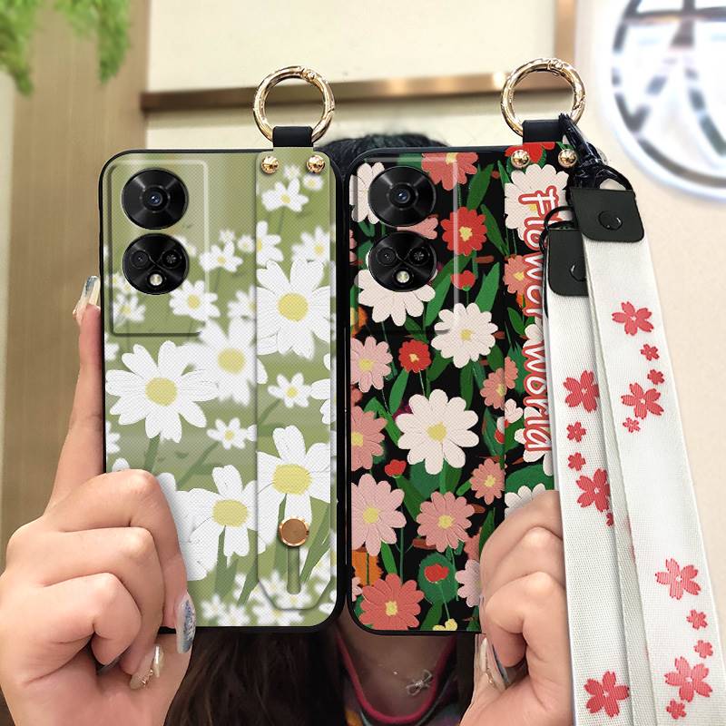 Silicone Fashion Design Phone Case For Realme P3 Pro 5G Lanyard Kickstand Wristband flower Back Cover Dirt-resistant