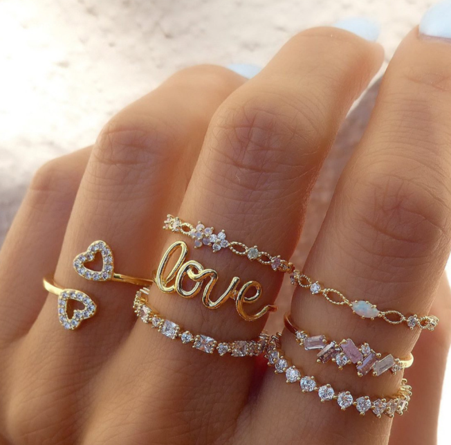 Pebbles Nepal Korean Style Gold Romantic "Love" & Heart Ring Set - Cursive Letter, Crystal Heart & Baguette Zircon Stackable Ring Set for Women & Girls