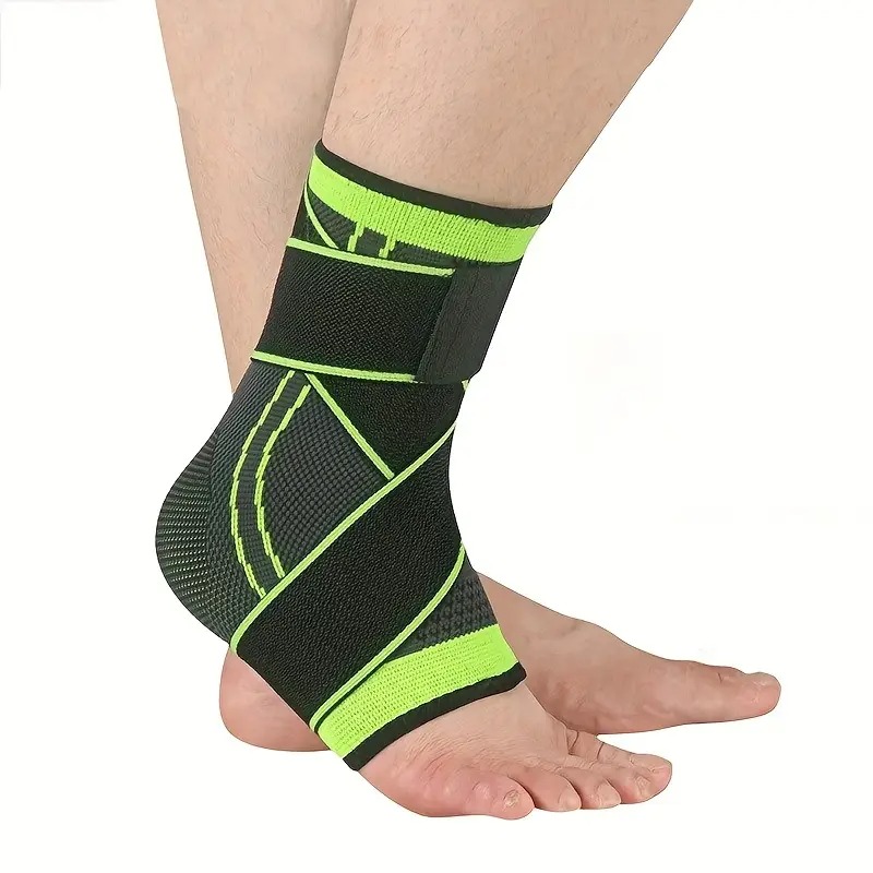 Adjustable Compression Ankle Support Braces - Black & Green Striped PA Nylon Fit for Sports, Fitness Training & Injury Prevention, High-Strength Fabric