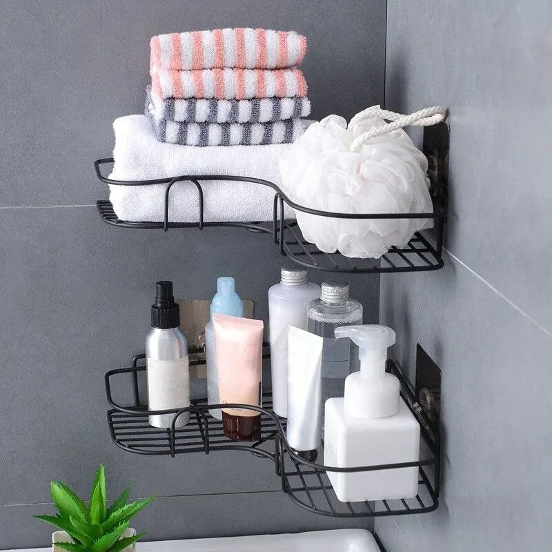 Bathroom, Kitchen Multipurpose Self-Adhesive Metal Bathroom Corner Rack Stainless Steel Shelf Organizer