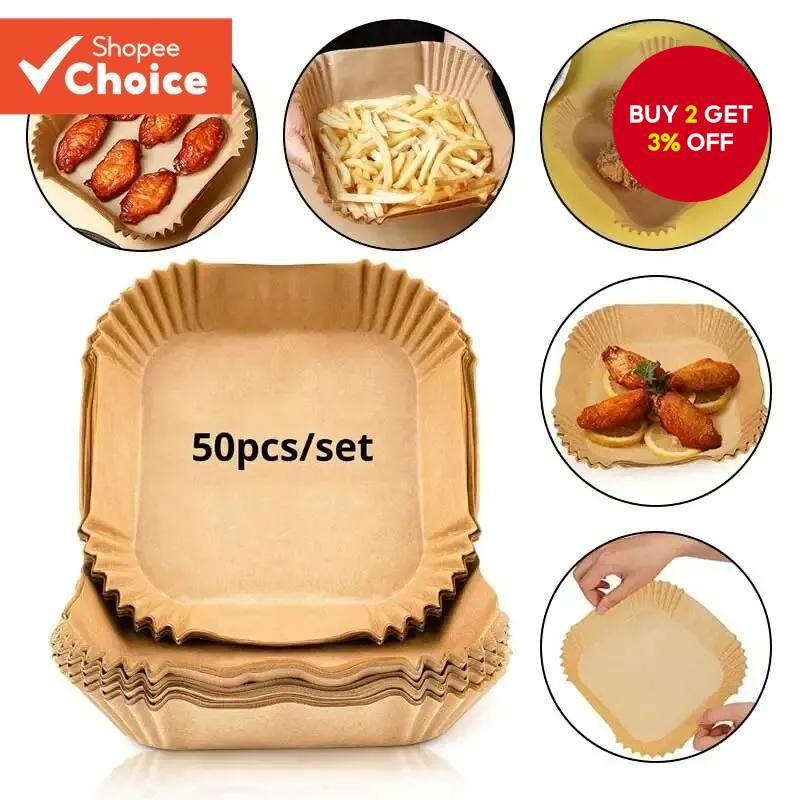 50Pcs 16cm Air Fryer Disposable Parchment Paper Liners | Non-Stick, Food-Grade Wood Pulp Round Baking & Steamer Papers for Cakes & Cooking