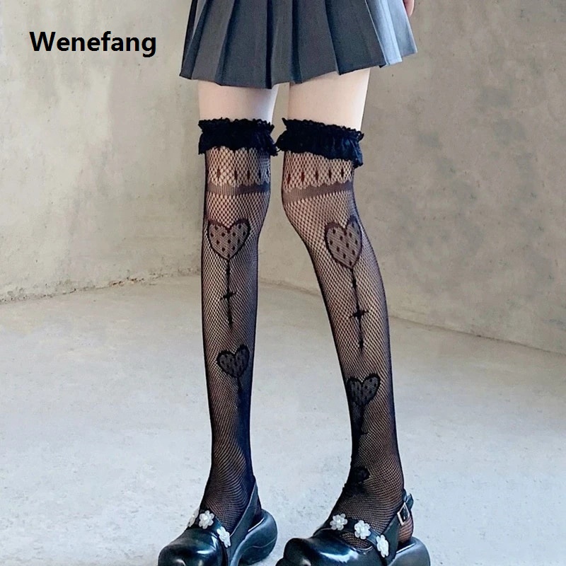 Wenefang Women Lace Lolita High Tube Thigh Knee Socks Female Cute Long Tube Love Lace Japanese College Style Ultra-thin Black Socks