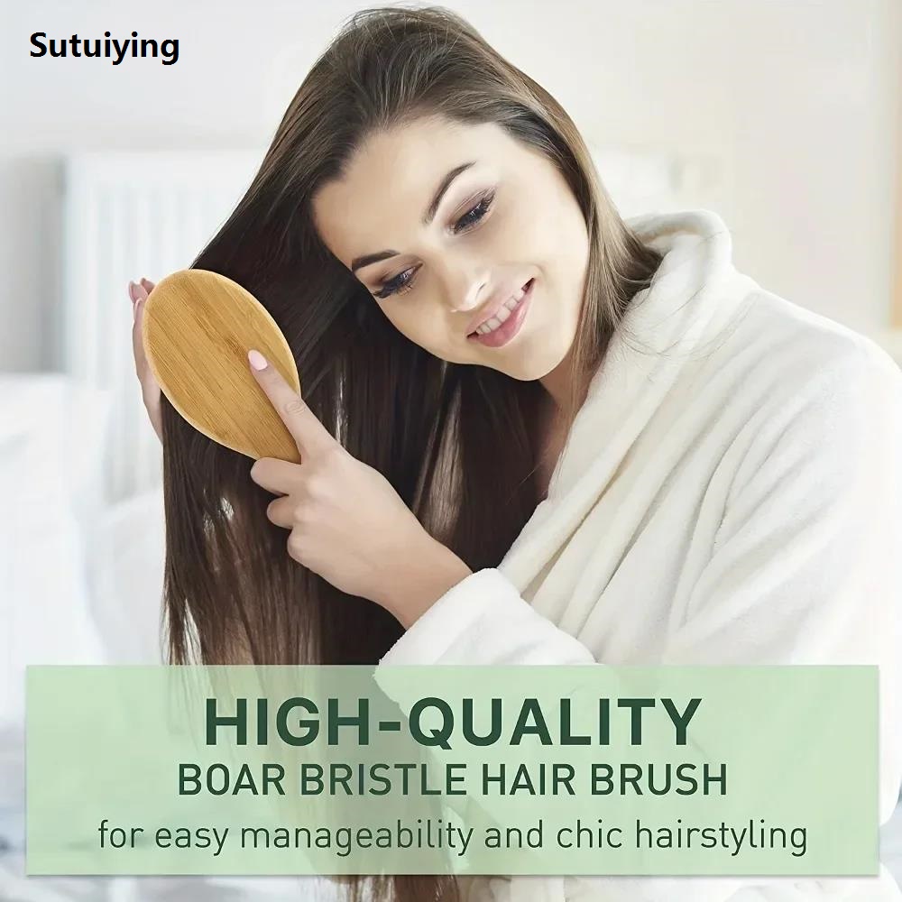 Sutuiying New Natural Boar Bristle Oval Hair Brush Comb Head Scalp Massage Comb Portable Horsehair Comb Fashion Styling Tool