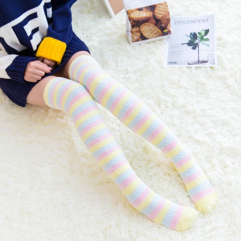 New Soft Coral Fleece Knee Socks Winter Warm Girl Women Cute Cartoon Animal Stockings Striped Cozy Thigh High Christmas Freeshipping