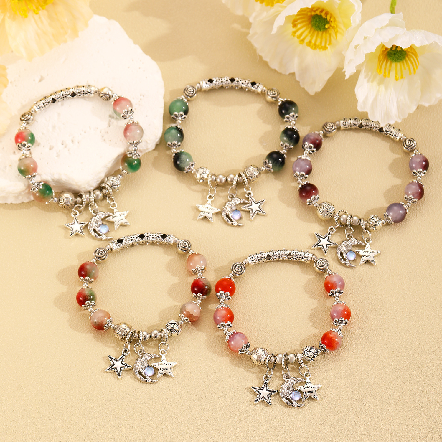 【Unlimited repurchase】New Guofeng Bend Tube Ancient Silver Popcorn Gradient Glaze Bracelet Actress Star Moon Beaded Bracelet Jewelry
