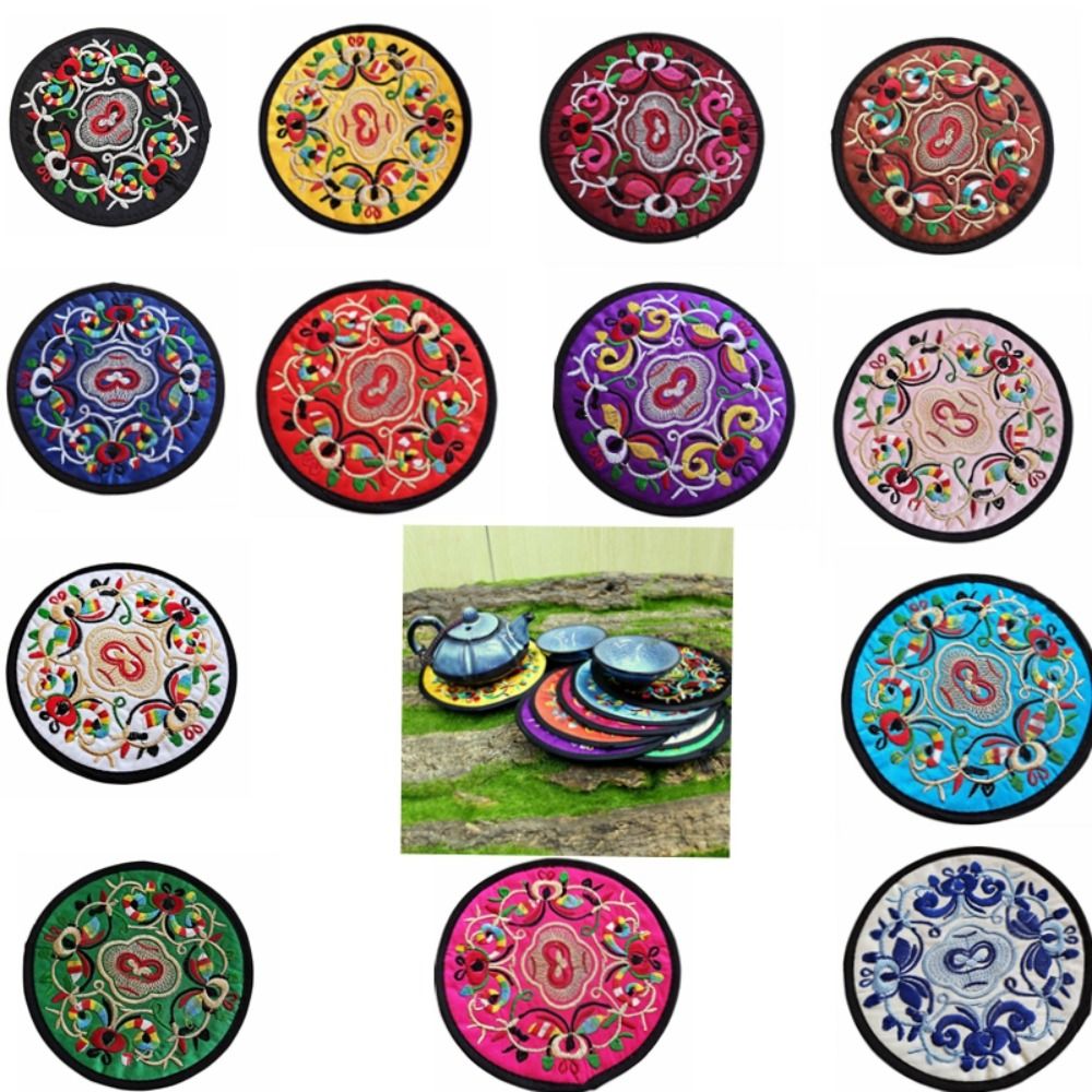 Durable Cloth Chinese Embroidery Insulation Pad Round Ethnic Coaster Insulation Anti-Skid Table Mats Table
