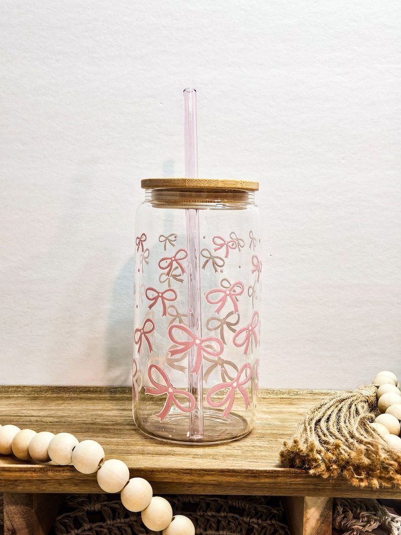 Masala Beads New 500ml Kawai Bow Printed Glass Coffee Glass With Bamboo LID Clear Juice Milk Straw Drinking Glasses Mugs Cola Wine Cocktail Beer Drinkware Tumbler Cup For Women Gifts