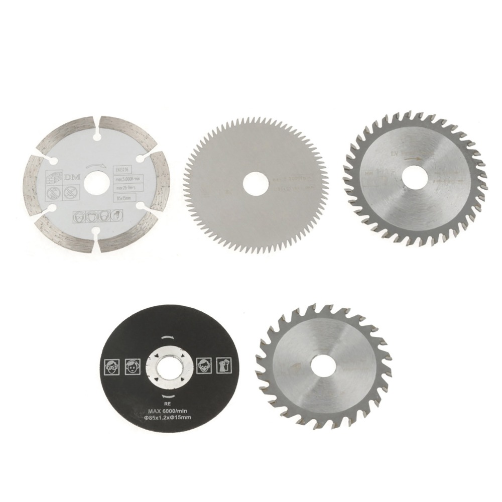 5 PCS Precision 85mm / 3-3/8 Inch Diameter Circular Saw Blade Set 15mm / 19/32 Inch Arbor 24T/36T/80T Teeth Mini Circular Saw Blades HSS/Diamond TCT Blade for Wood, Metal, Plastic, Tile and Drywall Cutting