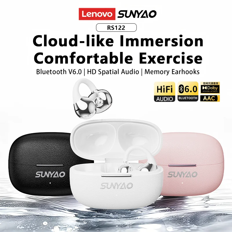 Lenovo RS122 Bluetooth 6.0 TWS Sport Earbuds,ENC Call Noise Cancelling Headphones, 24H Battery Waterproof Hi-Fi Spatial Audio Touch Control Headset
