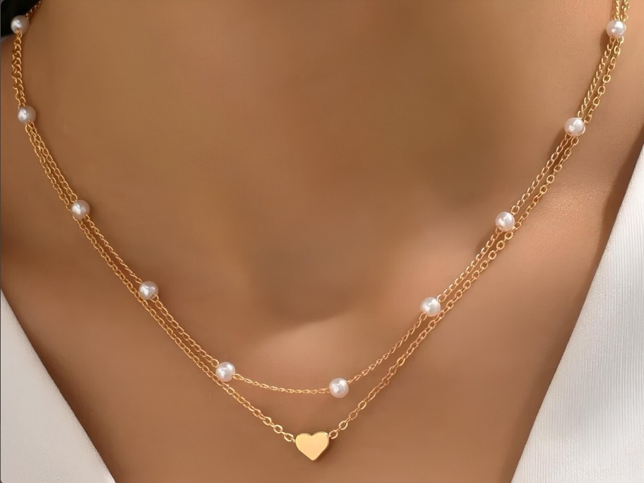 Gold Baroque Pearl Choker Necklaces, Double Layered Adjustable Pearl Love Pendant Choker Necklaces For Girl And Womam