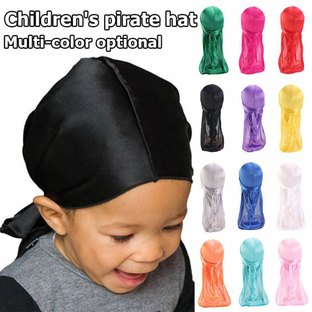 2Pcs Bandana Imitation Silk Pirate Hat Pirate Durag Elastic Headwrap Hip Hop Long Tail Baby Turban Hijab Boy