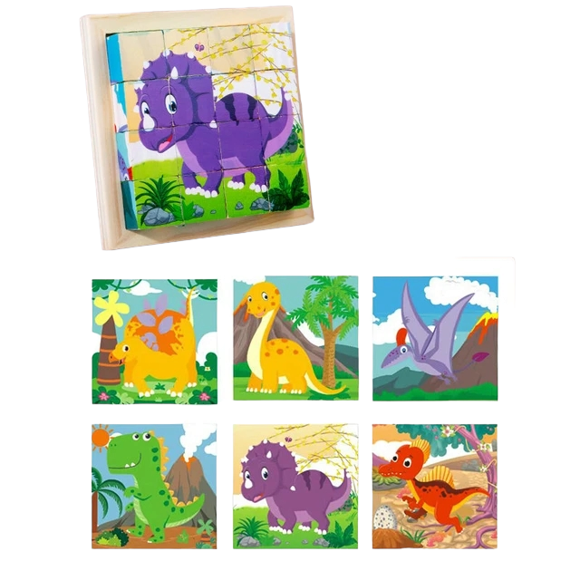 6 In 1 Colorful Wooden Dinosaur Puzzle Set - 16 Cube with 6 Different Dinosaur Pattern for Baby & Toddlers, Montessori Educational Toy for Kids