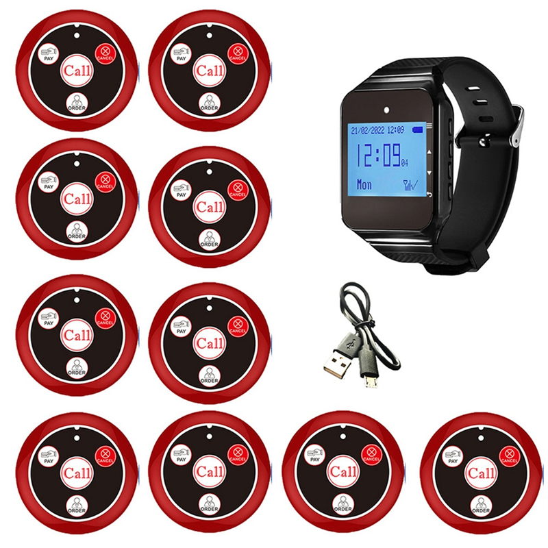 ARELENE Wireless Restaurant Pager Waiter Calling System with Watch Call Button for Hookah Bar Cafe Bar Customer Service Red