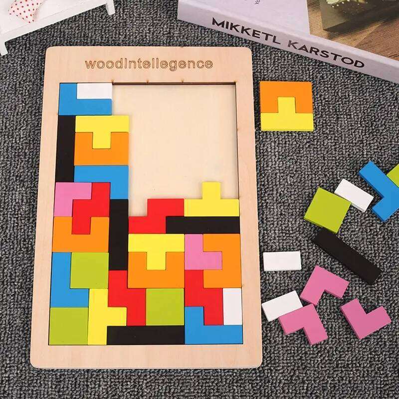 1 Set Wooden Puzzle Brain Teasers Toy Tangram Jigsaw Intelligence Colorful 3D Russian Blocks Montessori Educational