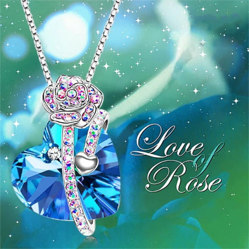 【New Arrivals】Haojie New Exquisite Fashion Creative Blue Heart Crystal Necklace Colorful Rhinestone Flower Women's Banquet
