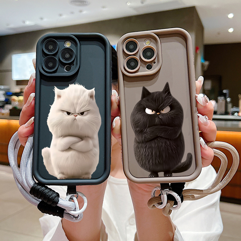 Cute Cool Black Cat Soft Lanyard Rope Case For Samsung Galaxy S25 S24 S23 S22 S21 Ultra Plus FE A14 A32 A53 A13 A16 A54 Cover