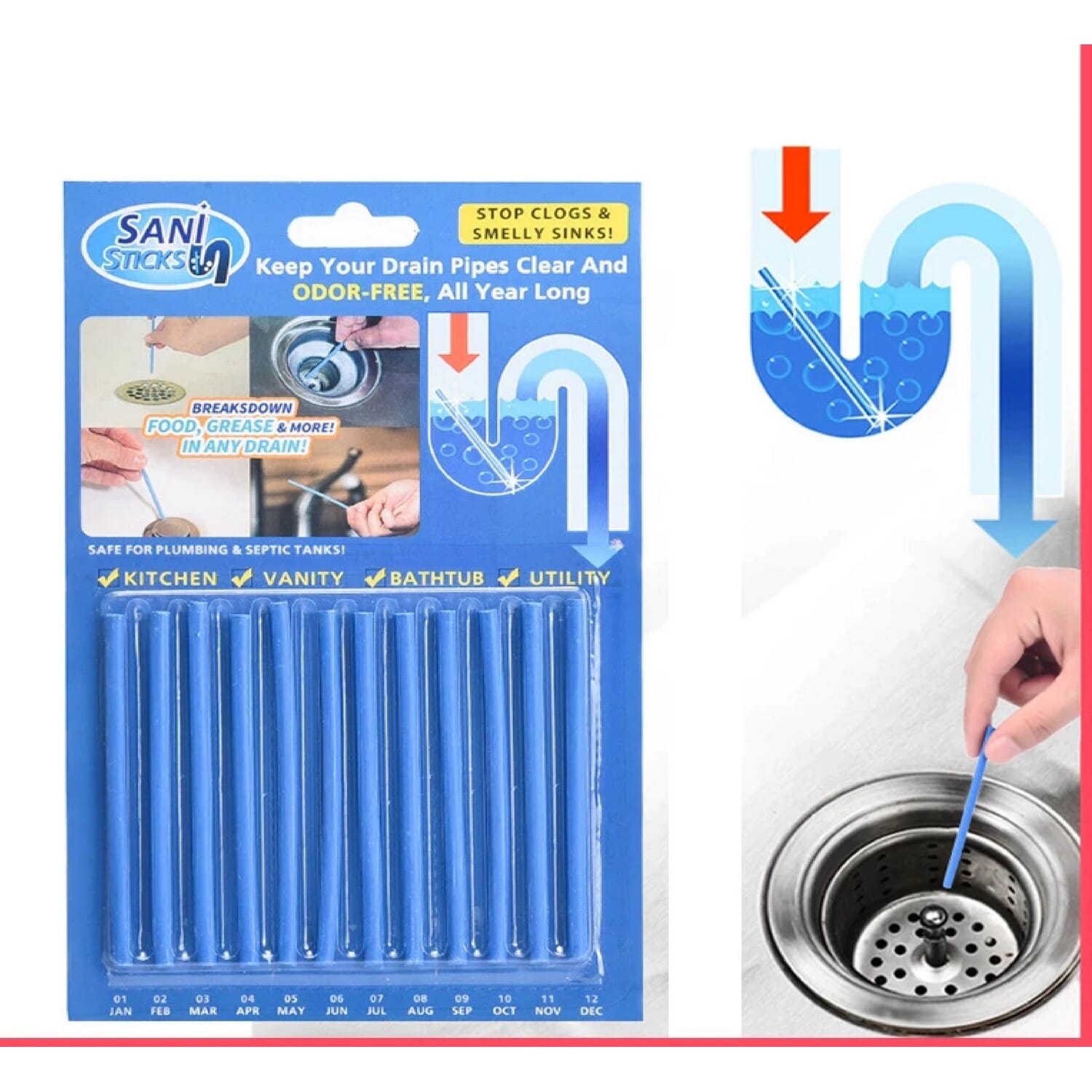 12pcs Sani Sticks Oil Decontamination Kitchen Toilet Bathtub Drain Cleaner Sewer Cleaning Rod
