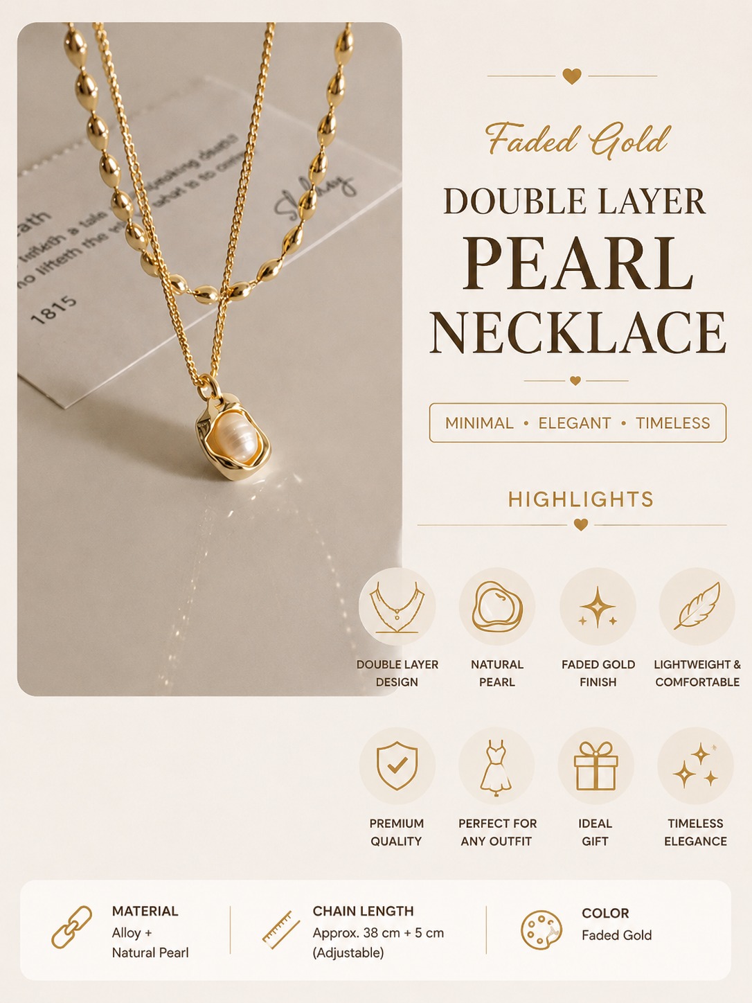 Minimalist Double Layer Pearl Pendant Necklace - Golden Rice Bead Chain & Oval Pearl Choker for Girls
