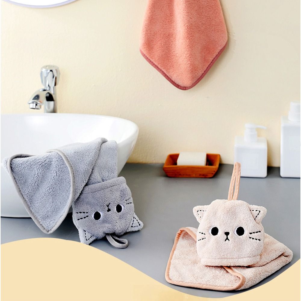 Cute Cartoon Cat Bath Towel Coral Fleece Pocket Type Small Towel Non-shedding Strong Water Absorption Hand Towel Bathroom Kitchen