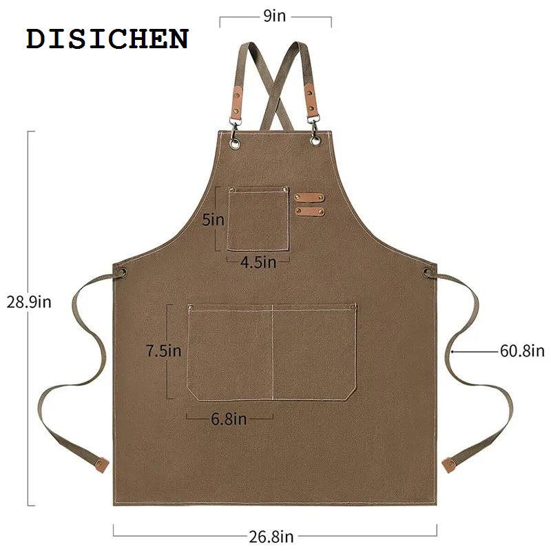 DISICHEN Bargain price Fashion Canvas Kitchen Chef Multi Pockets Work Aprons For Woman Men Bar Restaurant BBQ Cafe Milk Tea Shop Garden Studios Uniform