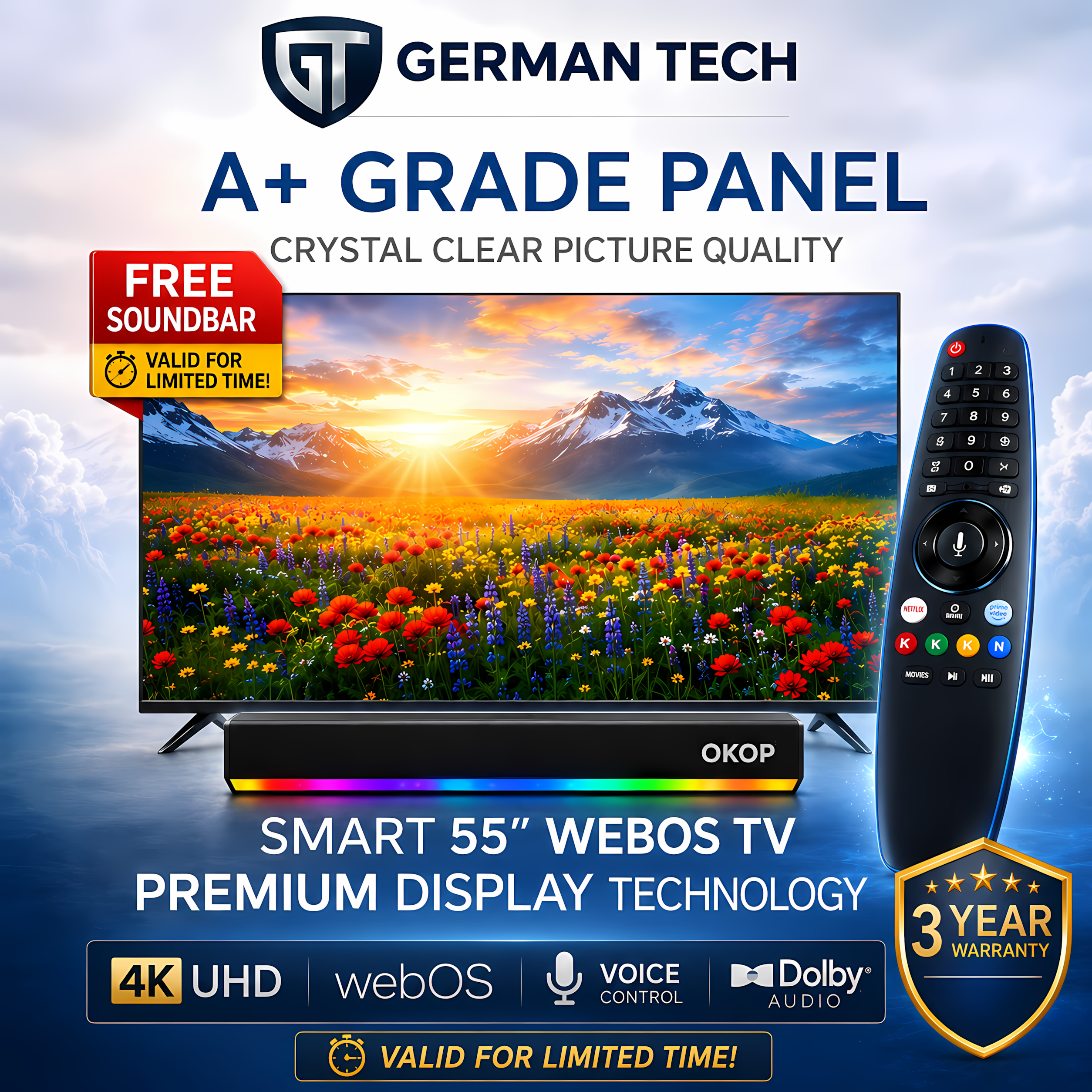 German Tech 55 Inch WebOS QLED 4k TV GT55DWB109UHD | 4K UHD WebOS QLED Television | High Contrast | Metal Back | Magic Remote & Voice Control | Bezel-less Design | Dolby Audio |Immersive Gaming Ps5 Xbox | Bluetooth & Wi-Fi | 3 Years Warranty | NovaHub