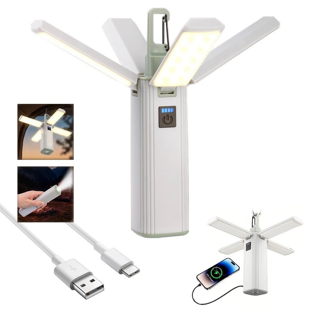 4-in-1 Rechargeable LED Camping Lantern & Flashlight with Power Bank | Foldable Tent Light with Hanging Hook | USB Rechargeable Emergency Outdoor Light for Camping, Hiking, Fishing & Home Use