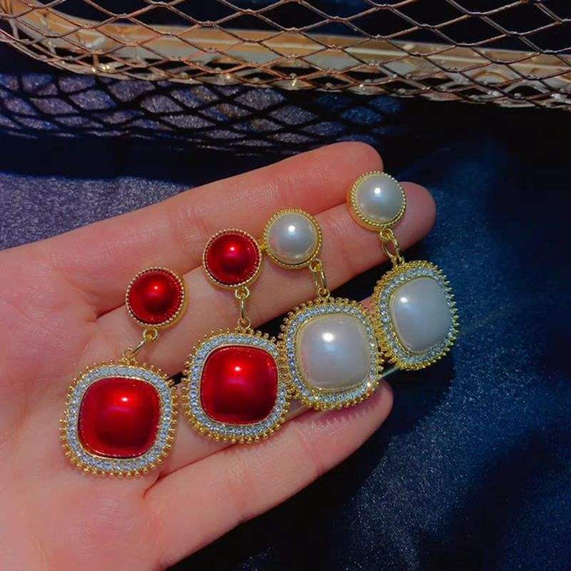 Needle Luxury Shiny Crystal Golden Diamond Square Pearl Drop Earrings Jewelry Party Gifts