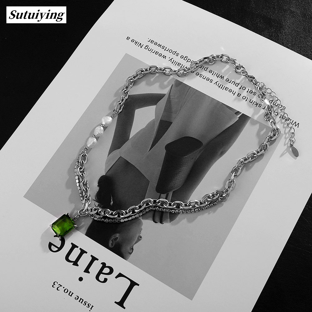 Sutuiying [ New ] Niche Design Green Square Brick Titanium Steel Men's Necklace New Multi-Layer Twin Chain Female Gem in Sweet Cool Clavicle Chain Tide