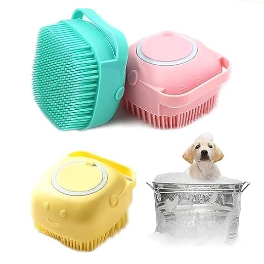 Dog Grooming Brush with Shampoo Dispenser - Soft Silicone Pet Bath Brush & Massage Comb for Dogs & Cats