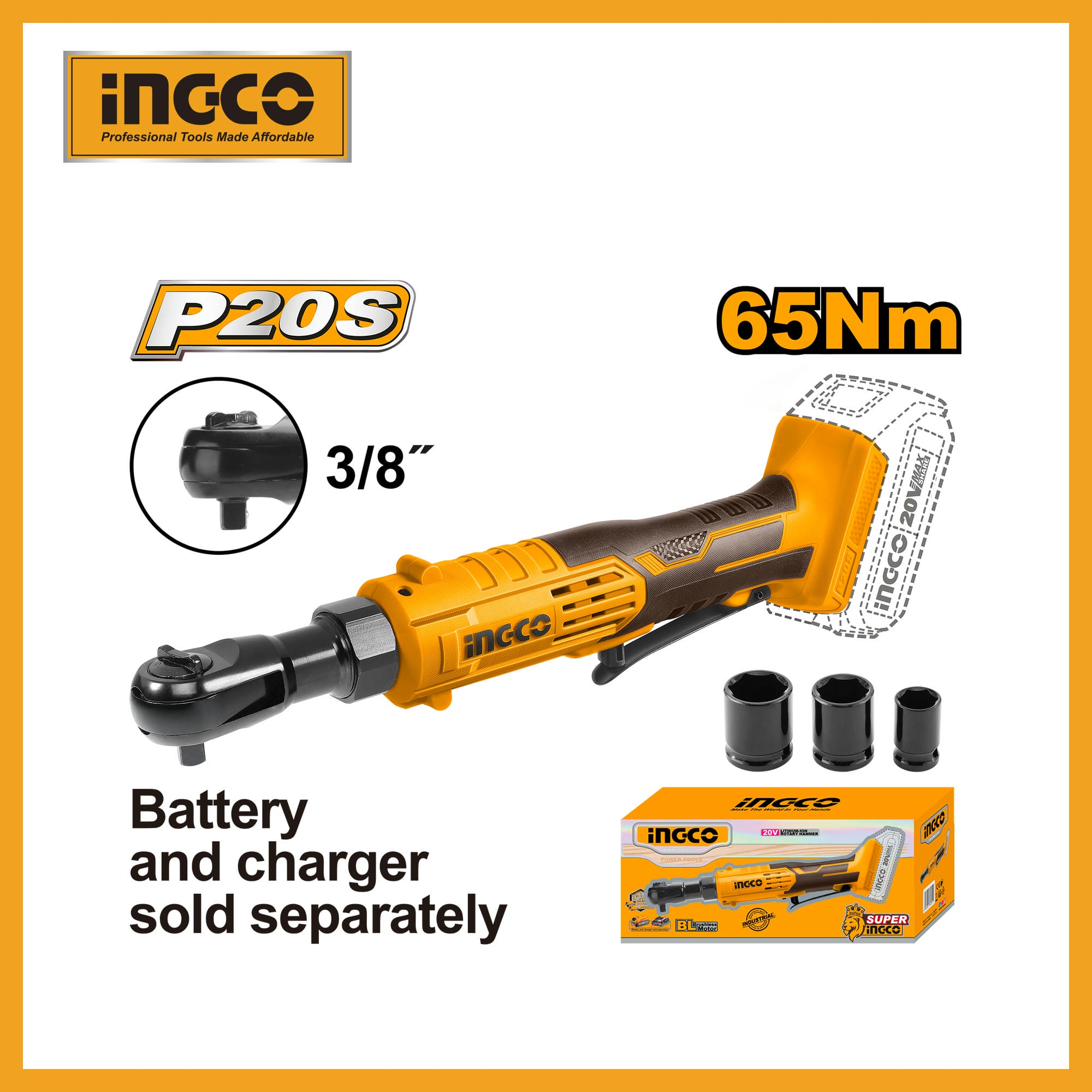 INGCO 20V 65Nm Cordless drive ratchet With 3 Pcs sockets CDRLI2060151