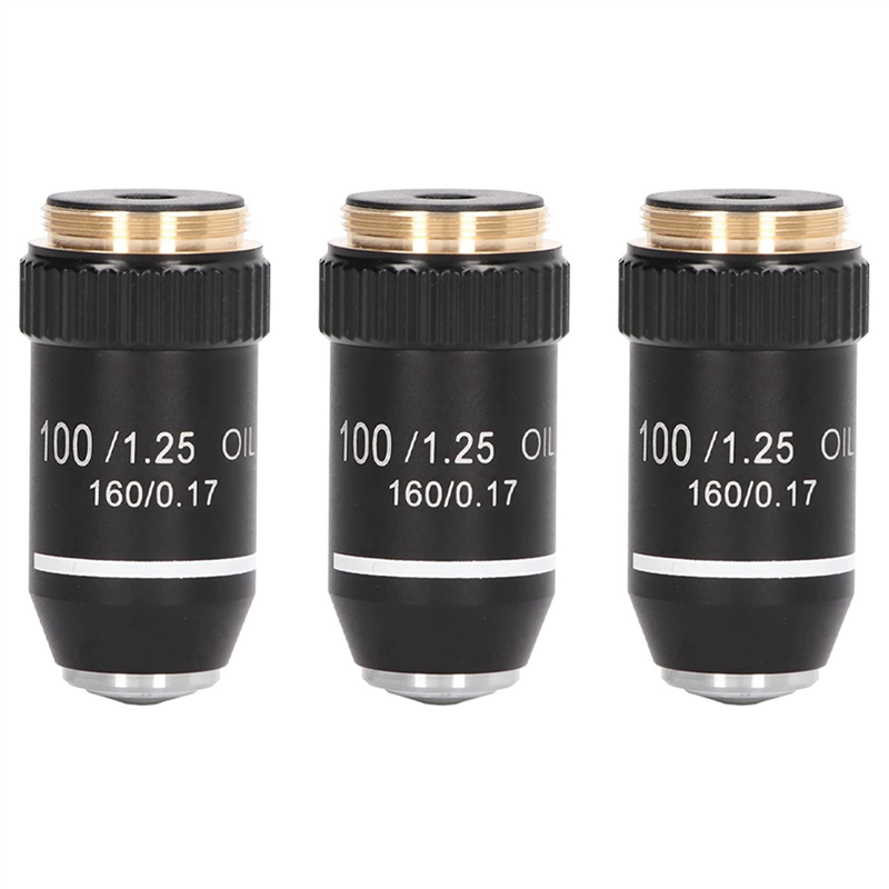 NCANRUI 3pcs Biological Microscope Lens, 195 Achromatic Black Objective Lens 100X Oil High Power Objective Interface 20.2mm