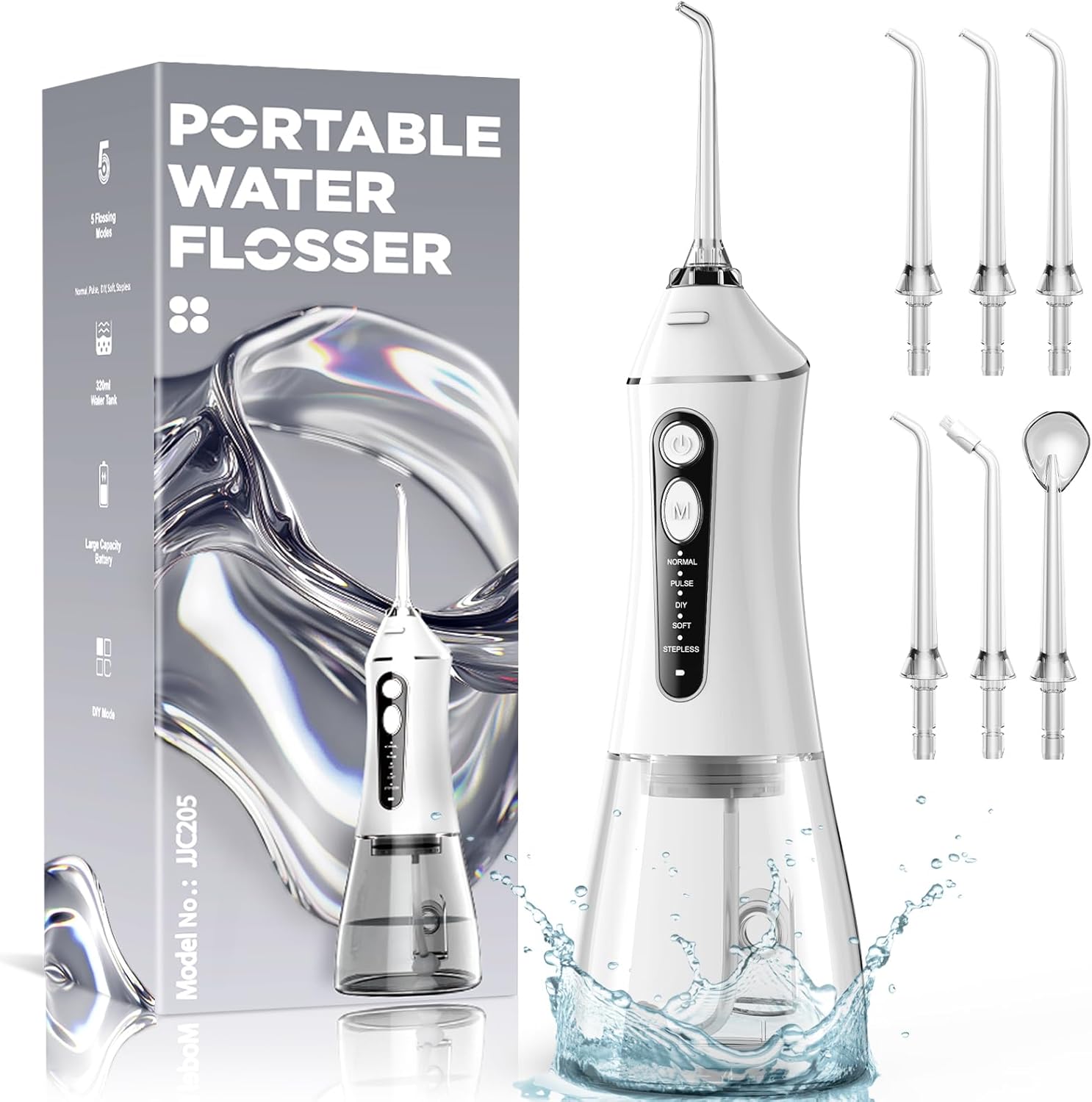 Water Flosser for Teeth Cleaning and Flossing, 3 Modes Rechargeable Cordless Oral Irrigator 320ml Water Tank Teeth Cleaner, IPX7 Waterproof Portable Electric Dentel Flossers for Home and Travel,White