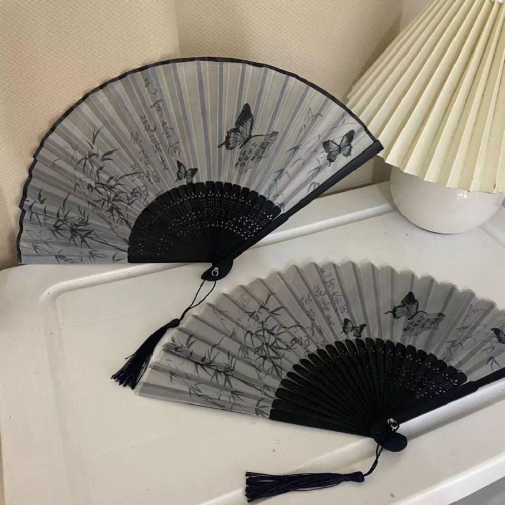 New Chinese Style Tassel Folding Fan Portable High Quality Classical Dance Fan Summer Wooden Shank Ink Painting Fan