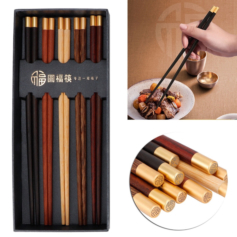 5 Pair Elegant Wooden Portable Chopsticks Paint Free Wax Free Wooden Chopstick Smooth Copper Inlaid Head Dining Chopsticks Hotel