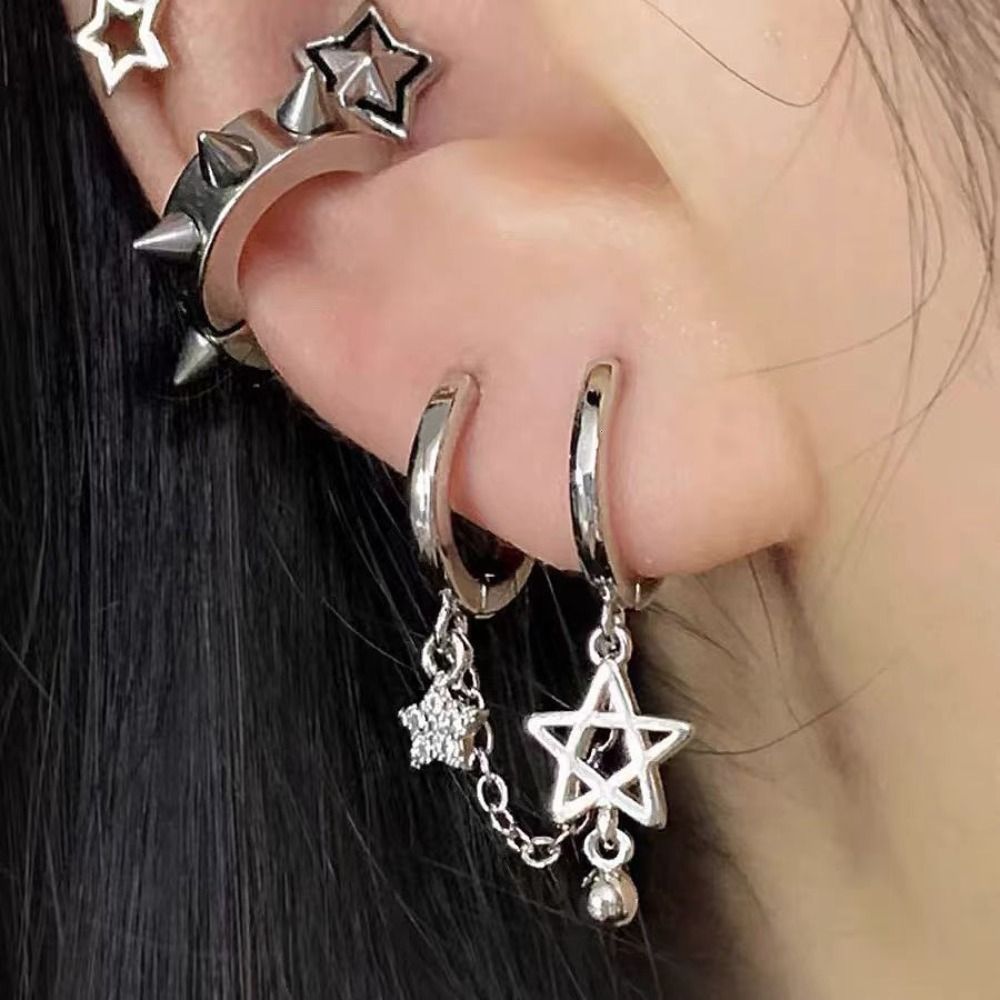 Trendy Alloy Double Ear Hole Chain Stainless Steel Star Ear Bone Chain Decoration Jewelry Girls