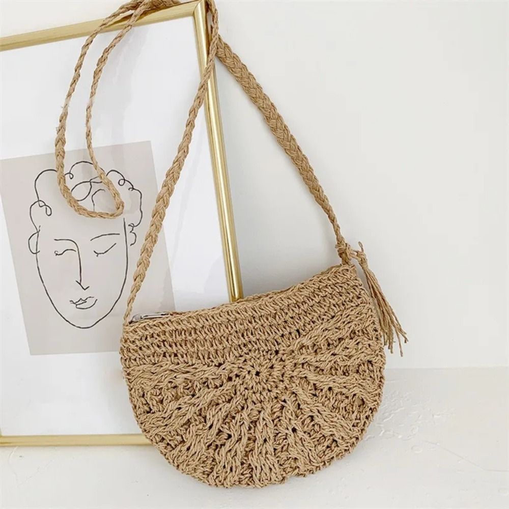 New Half Round Shoulder Bag Straw Bohemia Crossbody Bag Zipper Handbag Women