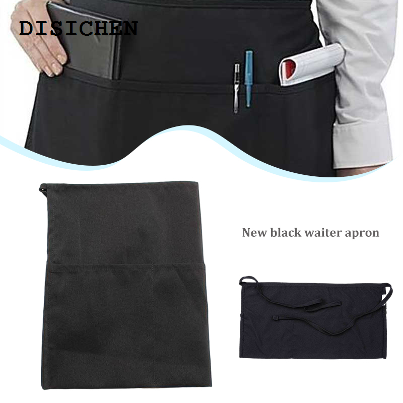 DISICHEN Hot Selling New Black Server Apron, 3 Pocket Waist Waiter Waitress Tip Apron Restaurant